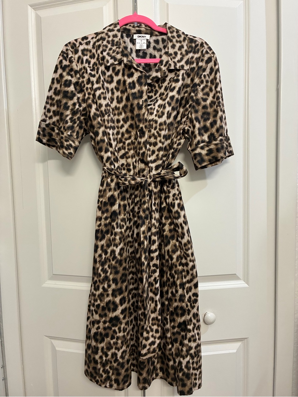 DKNY Leopard-Print Tie-Waist Midi Dress in Brown and Black